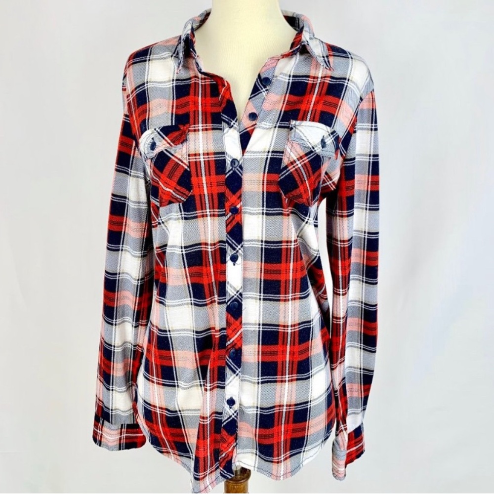 Passport Red Blue & White Long Sleeve Flannel Button Up Women’s Size Medium